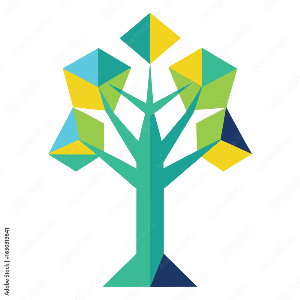 Poster vector art of abstract geometric tree with colorful diamond shapes representing leaves isolated on w