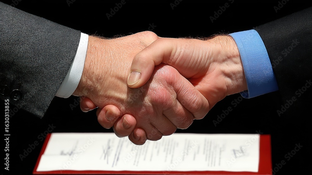Poster handshake between two men in business suits with a document on a dark background