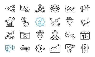 Fototapeta premium 25 Digital Marketing SEO Line Icons – Analytics, Funnel, Advertising, Campaign, Hashtag, Video Marketing, Keyword Strategy Vector Icon Set for Web, App, and Business Branding