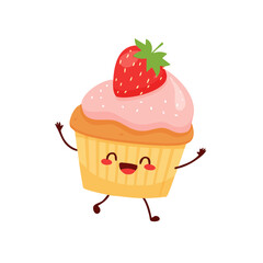 Happy Dancing Strawberry Cupcake Character Isolated on a Transparent Background 