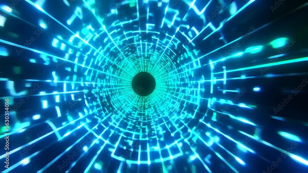 Poster neon cyber tunnel dynamic light trails abstract data flow.