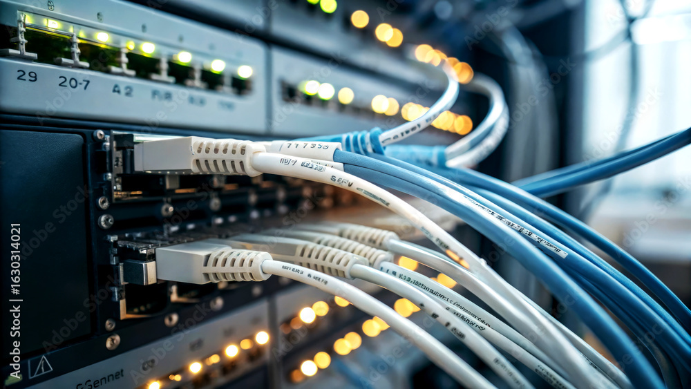 Poster optical fiber networking installation data center technology infrastructure modern environment close