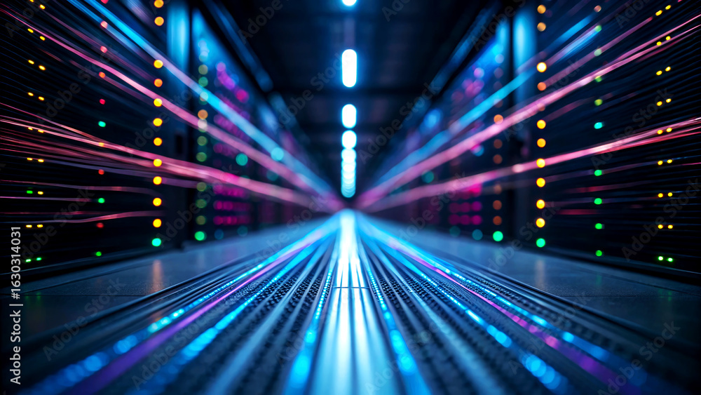 Poster dynamic fiber optic data transmission action in a modern data center environment captured from a low