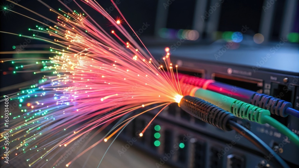 Poster dynamic fiber optic connections showcased in a technology setting illuminating the future of high-sp