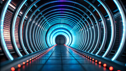 Illuminated Fiber Optic Tunnel Futuristic City Digital Artwork High-Tech Environment Perspective View Concept of Connectivity and Innovation