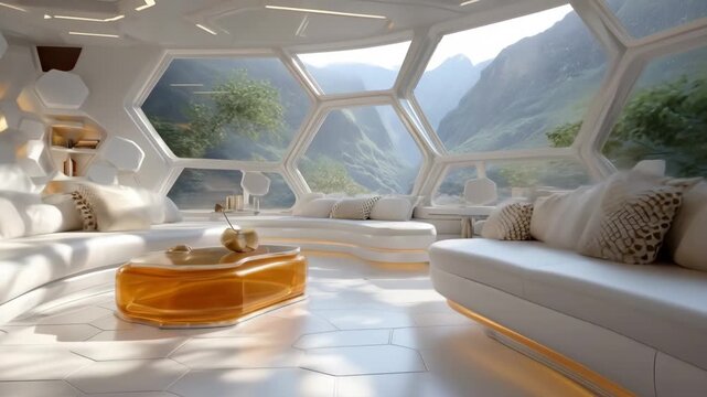 Immersive Futuristic Living Space with Panoramic Mountain Views Through Innovative Honeycomb Windows
