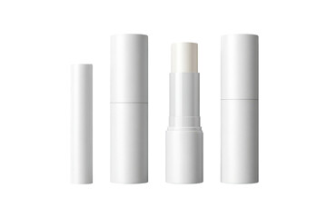Three white cylindrical containers, one larger than the others, possibly lip balm or similar cosmetic product packaging