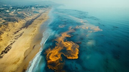 Coastal aerial view showcasing a sandy beach meeting the ocean with discolored water near the shore. A Disaster Background. Overcast sky adds drama. Ideal for various projects.