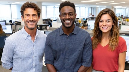 A diverse group of three young professionals smiling in a modern office environment