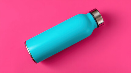 Bright turquoise insulated water bottle with silver cap resting diagonally on a vibrant pink background