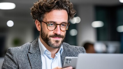 Businessman using smartphone in modern office environment