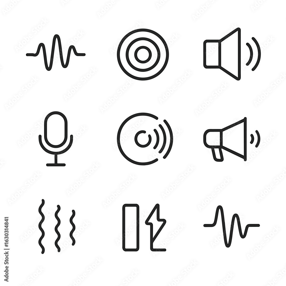Poster sound wave icons. outline icon set of echo and sound waves: sound wave, echo ripple, speaker, microp