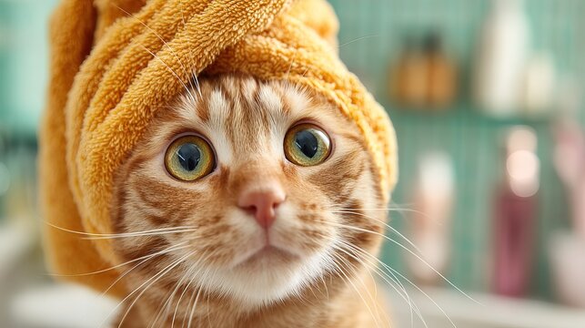 charming orange tabby cat with towel turban, captured in clean and bright bathroom setting. Perfect for use in spa concept visuals, pet care product branding and funny greeting cards