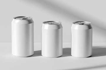 Three blank aluminum beverage cans of varying sizes, arranged in a row on a light gray surface.  Soft shadows cast by an unseen light source