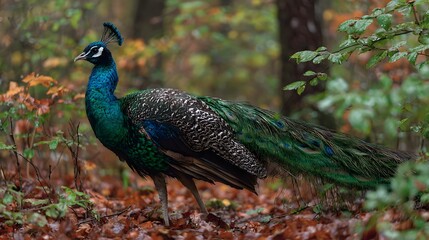 Obraz premium A wild peacock walking through the forest