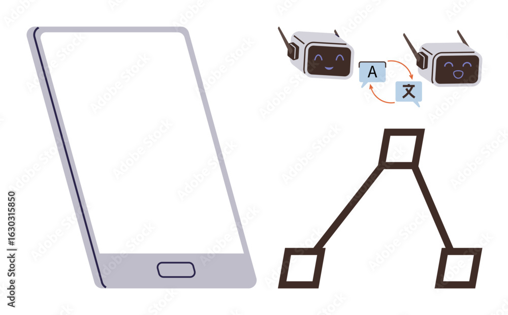 Poster smartphone alongside ai translating text between languages, and a branching decision tree diagram. i