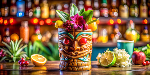 A vibrant and colorful tiki cocktail garnished with tropical fruit and flowers, served in a traditional tiki mug at a lively bar