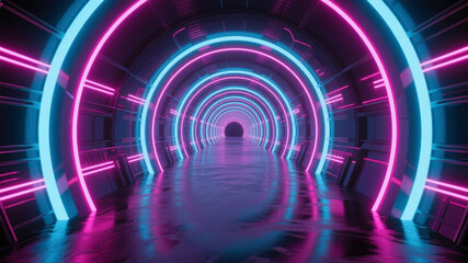 Neon-lit futuristic tunnel with circular arches and reflective floor