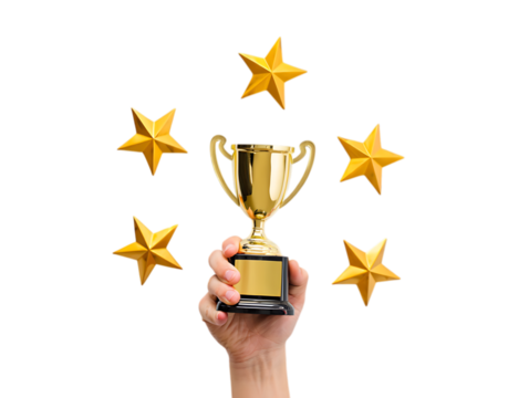 Png hand holding a gold trophy surrounded by gold stars, isolated on transparent background, symbolizing success, achievement, and victory transparent background