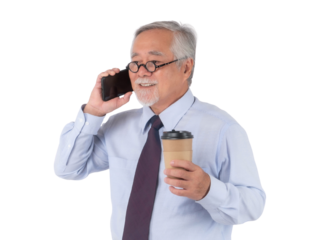 Smiling senior Asian businessman talking on smartphone while holding takeaway coffee cup, elderly male in formal shirt and tie looking confident and modern, isolated on a transparent background