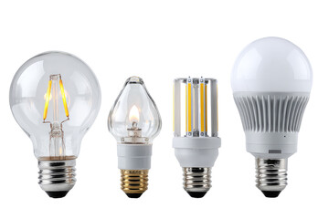 Four different LED light bulbs arranged in a horizontal row.  Each bulb has a standard Edison screw base.  The bulbs vary in shape and internal construction