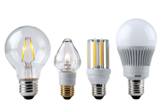 Four different LED light bulbs arranged in a horizontal row.  Each bulb has a standard Edison screw base.  The bulbs vary in shape and internal construction