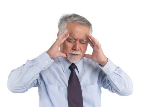 Asian senior businessman , old man headache hands on forehead , stressed from work isolated on a transparent background - medical and healthcare concept
