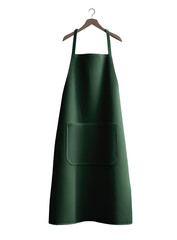 A dark olive green apron hangs from a wooden hanger
