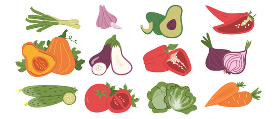Colorful assortment of fresh vegetables including avocado, pepper, and carrot. Vegetables vector icons for culinary background, cards, posters. 