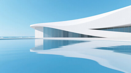Modern White Building Reflected in Calm Water Under Clear Sky