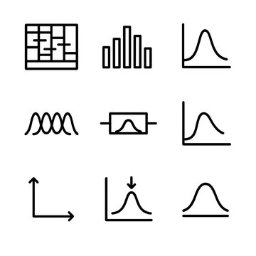 Spectrum Analysis Icons. Outline icon set of spectrum analysis: spectrogram display, FFT bins, power spectral density chart,