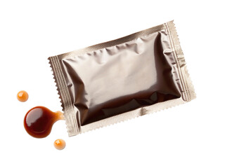 Soy sauce packet with drops isolated on transparent background