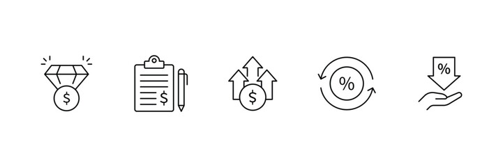 Finance value, investment planning icon set, return growth, profit chart, low interest, business rate, income analysis, saving strategy vector