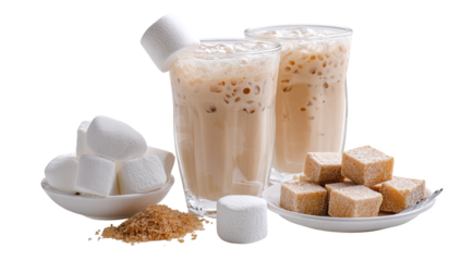 Two glasses of iced tea, topped with marshmallows, alongside brown sugar cubes and loose sugar