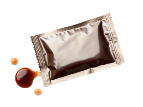 Soy sauce packet with drops isolated on transparent background