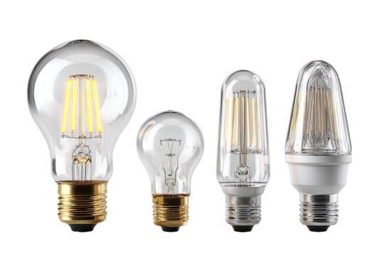 Four LED light bulbs in various shapes and sizes, clear glass