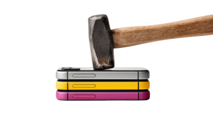 A hammer about to crush a stack of colorful phones