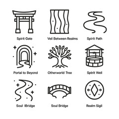 Spirit World Icons. Outline icon set of spirit world: spirit gate, veil between realms, spirit path, portal to beyond, otherworld
