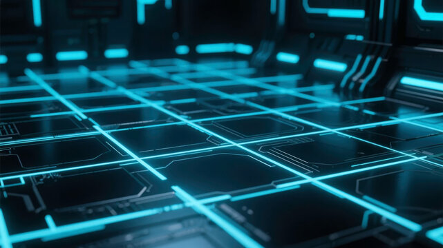 Futuristic Grid with Neon Blue Lines and Geometric Patterns