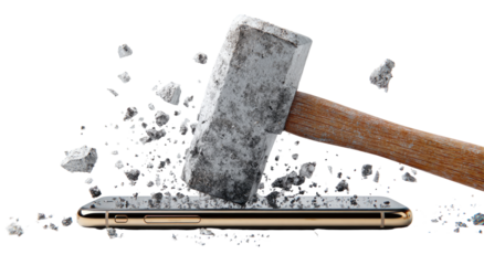 A hammer forcefully smashing a gold-colored smartphone, shattering the screen into fragments