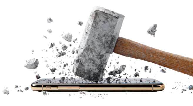 A hammer forcefully smashing a gold-colored smartphone, shattering the screen into fragments