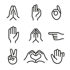 Fototapeta premium Spiritual Gesture Icons. Outline icon set of spiritual gestures: prayer hands, blessing hand, mudra, open palm, folded hands,