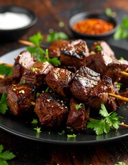 Traditional Iranian Jigar &ndash; succulent grilled liver skewers garnished with fresh parsley and served with spicy red pepper sauce on a black plate.