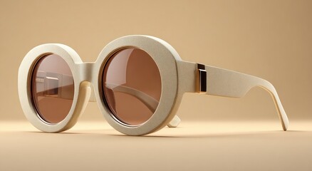 Cream-colored, round sunglasses angled on a beige background. Sophisticated, stylish, and modern eyewear with a vintage feel