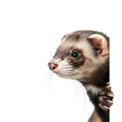 Curious Ferret Peeking Whiskered Friend on White Background, Animal Portrait