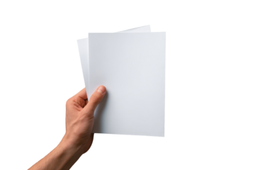 A hand holds two stacked blank sheets of white paper against a black background