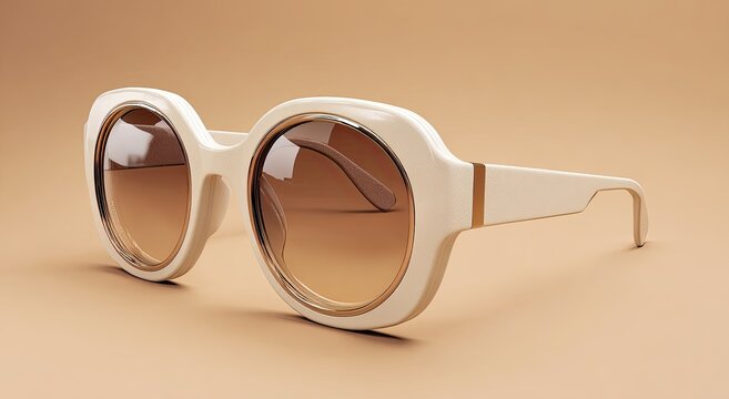 Cream-colored, round sunglasses, angled view, on a muted beige background. Modern, stylish, and elegantly curved. Amber-toned lenses - Powered by Adobe