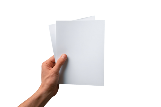 A hand holds two stacked blank sheets of white paper against a black background