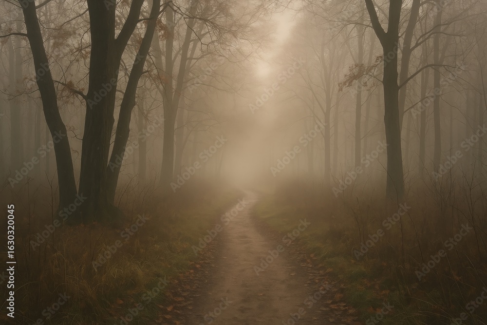 Poster misty forest path with trees.