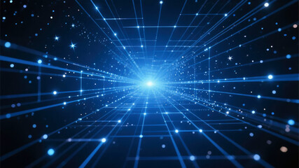 Blue Digital Grid with Radiating Light Beams
